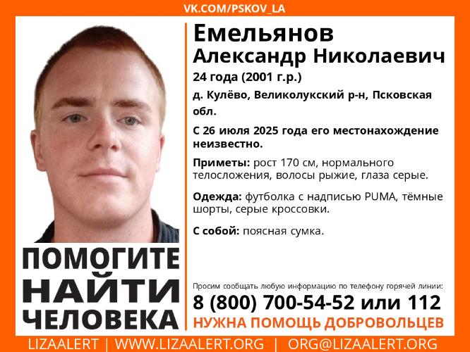 В Великолукском районе пропал 24-летний молодой человек - 2025-07-28 13:35:00 - 2